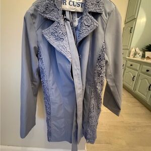 Dennis Basso Lace-Trimmed Blue Trench Coat light blue